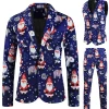 Navy Snowman Santa Claus Print Three-piece Men's Christmas Party Suit