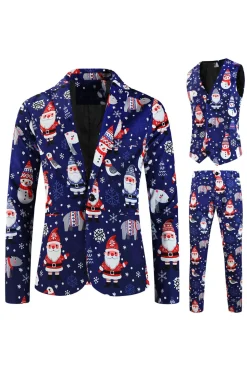 Navy Snowman Santa Claus Print Three-piece Men's Christmas Party Suit