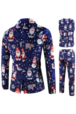 Navy Snowman Santa Claus Print Three-piece Men's Christmas Party Suit