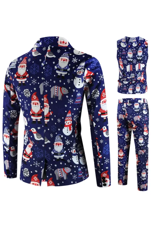 Navy Snowman Santa Claus Print Three-piece Men's Christmas Party Suit
