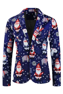 Navy Snowman Santa Claus Print Three-piece Men's Christmas Party Suit