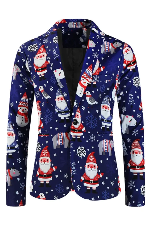 Navy Snowman Santa Claus Print Three-piece Men's Christmas Party Suit