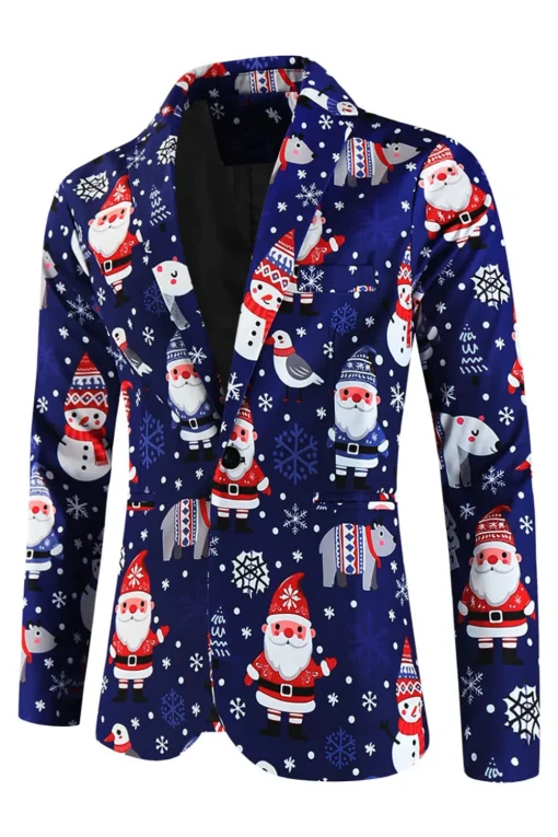 Navy Snowman Santa Claus Print Three-piece Men's Christmas Party Suit