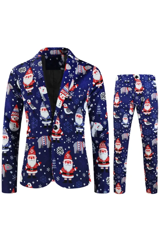 Navy Snowman Santa Claus Print Three-piece Men's Christmas Party Suit