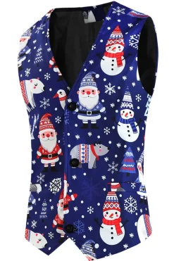 Navy Snowman Santa Claus Print Three-piece Men's Christmas Party Suit