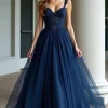 Navy Spaghetti Straps A Line Lace Long Prom Dress