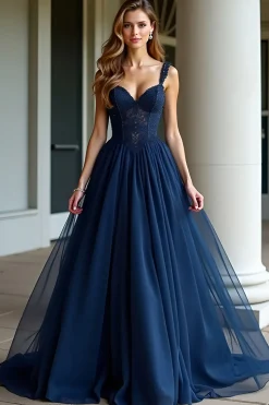 Navy Spaghetti Straps A Line Lace Long Prom Dress