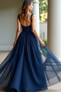 Navy Spaghetti Straps A Line Lace Long Prom Dress