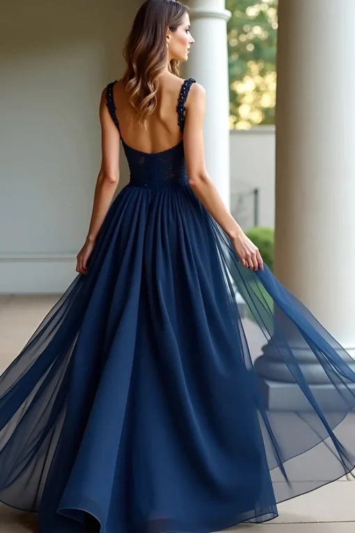 Navy Spaghetti Straps A Line Lace Long Prom Dress