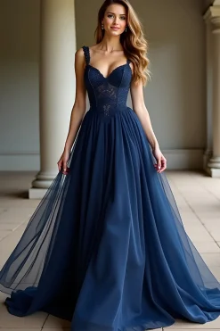 Navy Spaghetti Straps A Line Lace Long Prom Dress