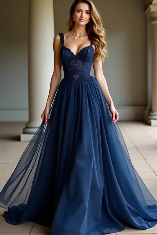Navy Spaghetti Straps A Line Lace Long Prom Dress