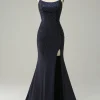 Navy Strapless Sweetheart Beaded Prom Dress with Split