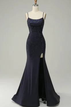 Navy Strapless Sweetheart Beaded Prom Dress with Split