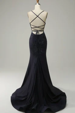 Navy Strapless Sweetheart Beaded Prom Dress with Split