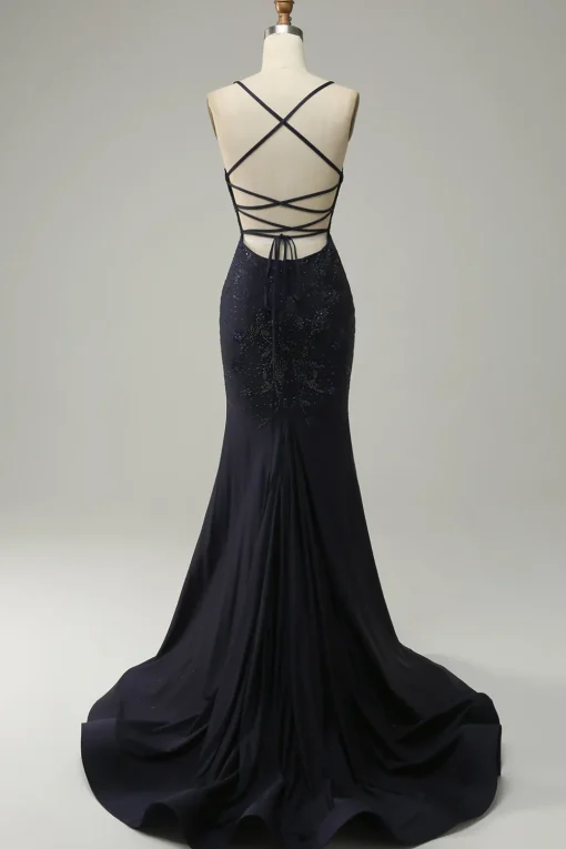 Navy Strapless Sweetheart Beaded Prom Dress with Split