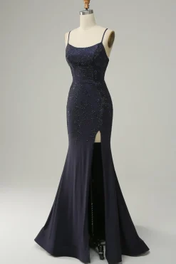 Navy Strapless Sweetheart Beaded Prom Dress with Split