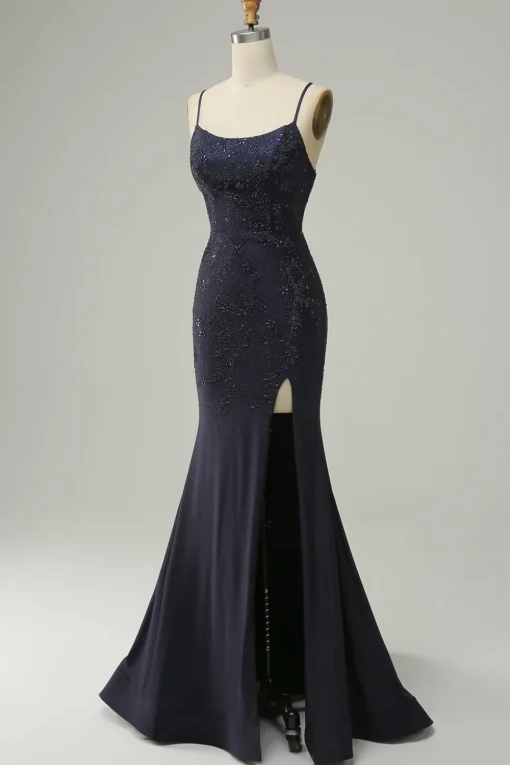 Navy Strapless Sweetheart Beaded Prom Dress with Split