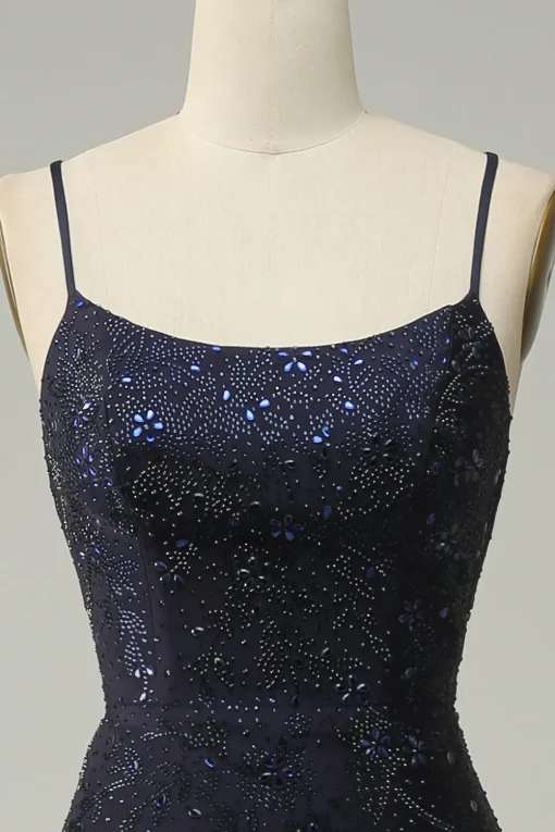 Navy Strapless Sweetheart Beaded Prom Dress with Split