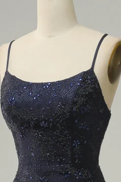 Navy Strapless Sweetheart Beaded Prom Dress with Split