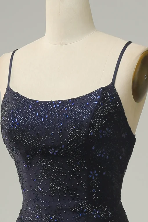 Navy Strapless Sweetheart Beaded Prom Dress with Split