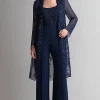 Navy Two Piece Jumpsuit Sequins Lace Chiffon Mother of the Bride Dress