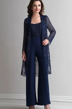 Navy Two Piece Jumpsuit Sequins Lace Chiffon Mother of the Bride Dress