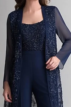 Navy Two Piece Jumpsuit Sequins Lace Chiffon Mother of the Bride Dress