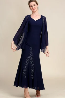 Navy Two Piece Sparkly Beaded Mother of the Bride Dress