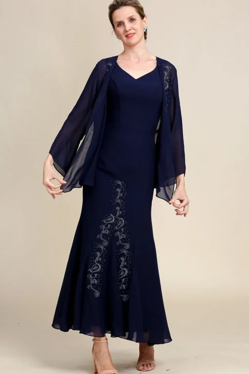 Navy Two Piece Sparkly Beaded Mother of the Bride Dress