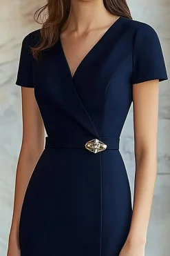 Navy V Neck Short Sleeves Slim Wrap Formal Dress