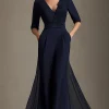 Navy V-neck Chiffon A-Line Half Sleeves Mother of the Bride Dress with Appliques