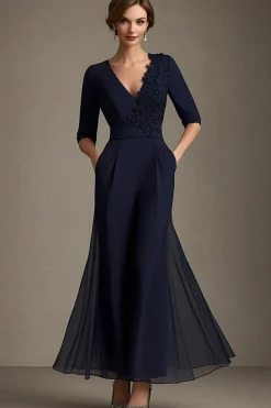 Navy V-neck Chiffon A-Line Half Sleeves Mother of the Bride Dress with Appliques