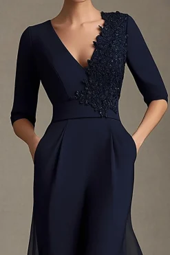 Navy V-neck Chiffon A-Line Half Sleeves Mother of the Bride Dress with Appliques