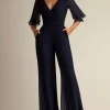Navy V-neck Half Sleeves Chiffon Mother of the Bride Jumpsuits