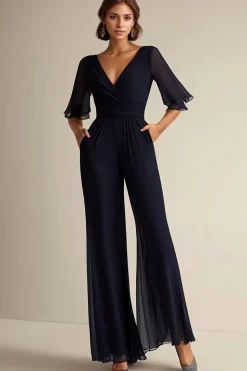 Navy V-neck Half Sleeves Chiffon Mother of the Bride Jumpsuits