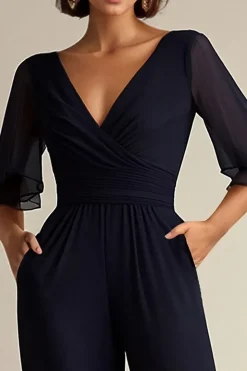 Navy V-neck Half Sleeves Chiffon Mother of the Bride Jumpsuits