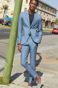 Notched Lapel Grey Blue 2 Piece Single Breasted Men Prom Suits