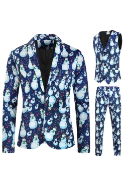 Notched Lapel One Button Blue Snowman Printed Men's Suits