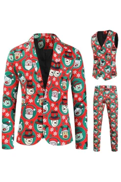 Notched Lapel One Button Santa Claus Printed Red Men's Suits