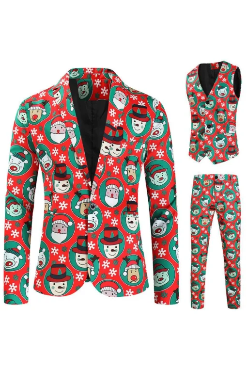 Notched Lapel One Button Santa Claus Printed Red Men's Suits
