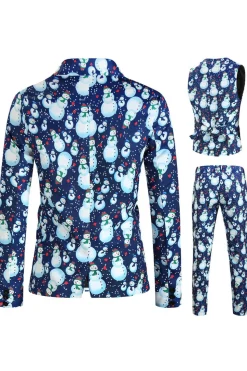Notched Lapel One Button Blue Snowman Printed Men's Suits