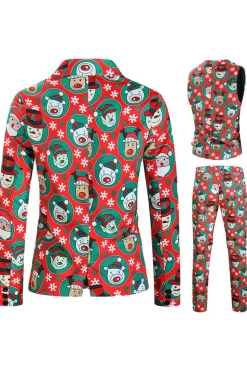 Notched Lapel One Button Santa Claus Printed Red Men's Suits