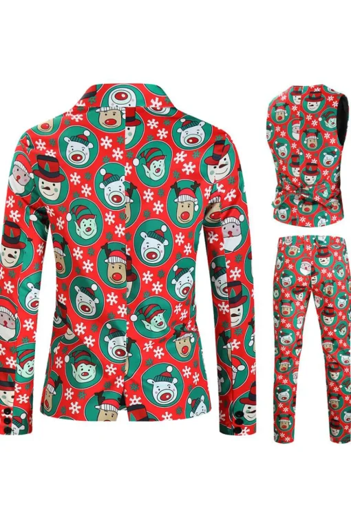 Notched Lapel One Button Santa Claus Printed Red Men's Suits