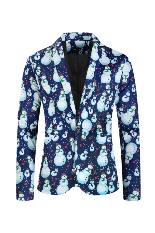 Notched Lapel One Button Blue Snowman Printed Men's Suits