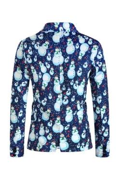 Notched Lapel One Button Blue Snowman Printed Men's Suits