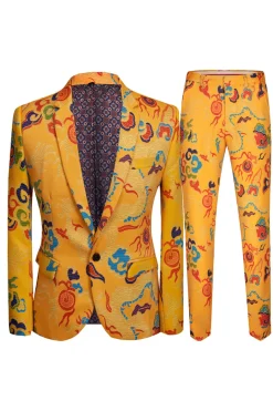 Notched Lapel Yellow Dragon Printed 2 Pieces Men's Prom Suits