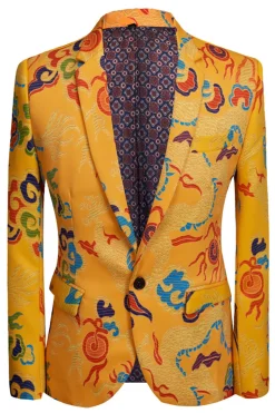 Notched Lapel Yellow Dragon Printed 2 Pieces Men's Prom Suits
