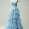 Off Shoulder Layered Blue Prom Dress with Slit