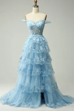 Off Shoulder Layered Blue Prom Dress with Slit
