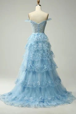Off Shoulder Layered Blue Prom Dress with Slit